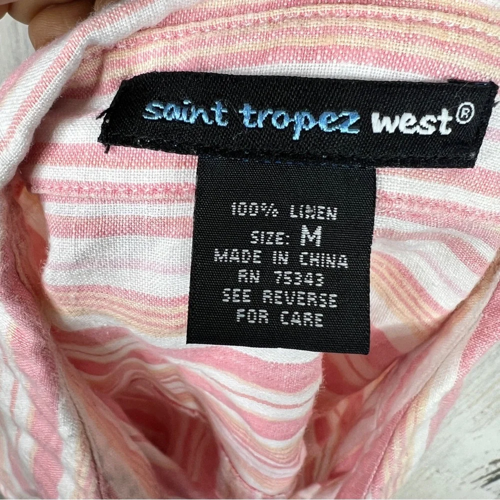 Saint Tropez West 100% Linen Shirt‎ Women's M Pink White Striped Coastal Grandma